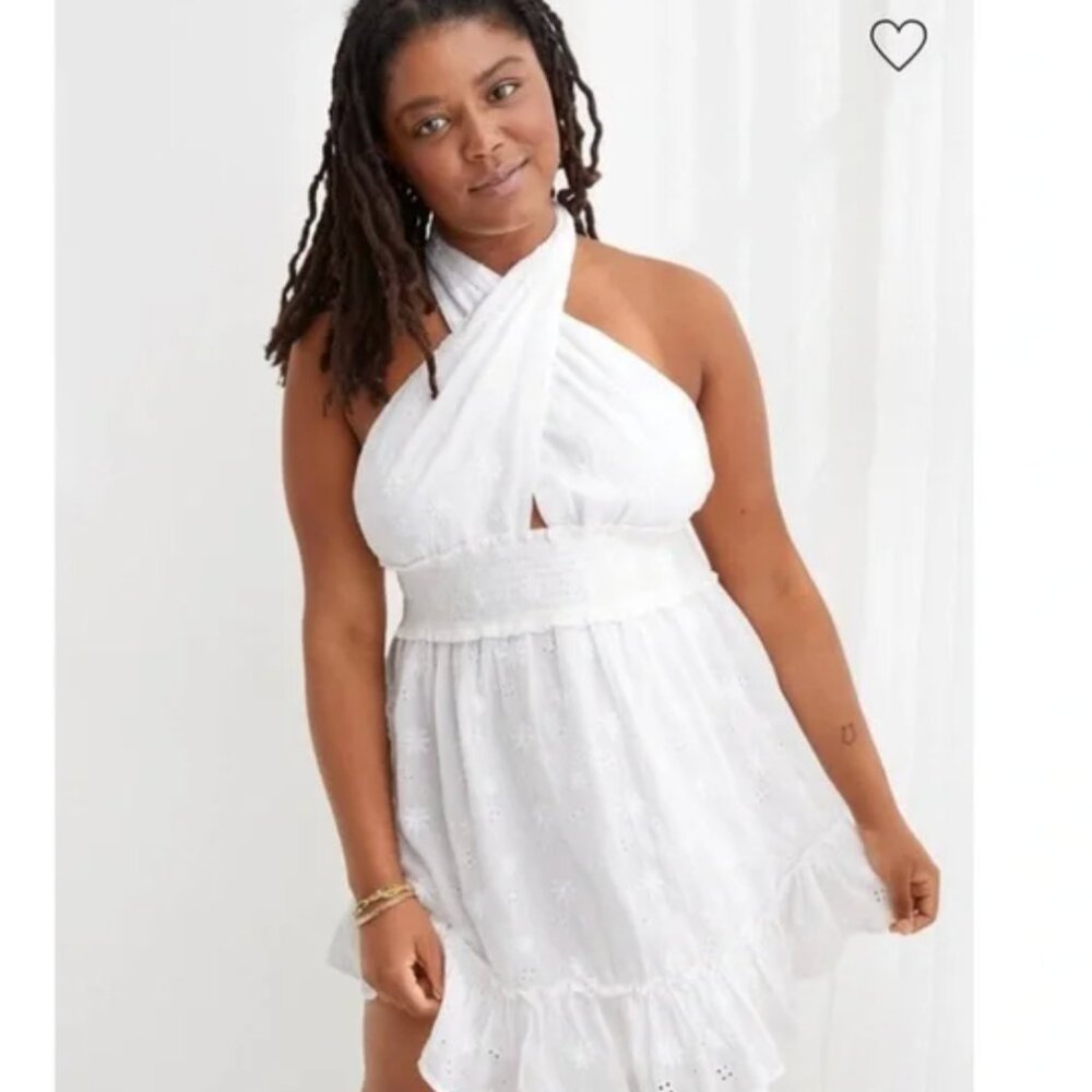 NWOT Aerie white eyelet dress crossover or halter 2 in one dress - Picture 2 of 8